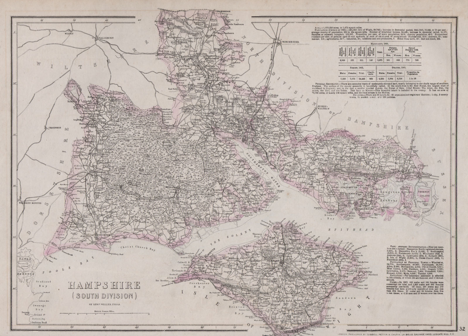 HAMPSHIRE SOUTH Isle of Wight New Forest Southampton Portsmouth WELLER 1868 map
